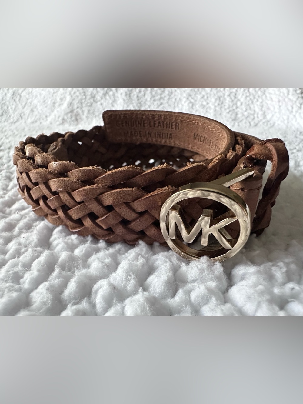 Michael Kors Braided Leather Belt Brown Tan Gold MK Buckle L
